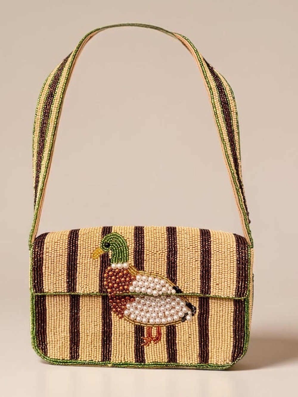 Anthropologie Cream, Brown & Green Beaded Duck Shoulder Bag - Picture 4 of 7